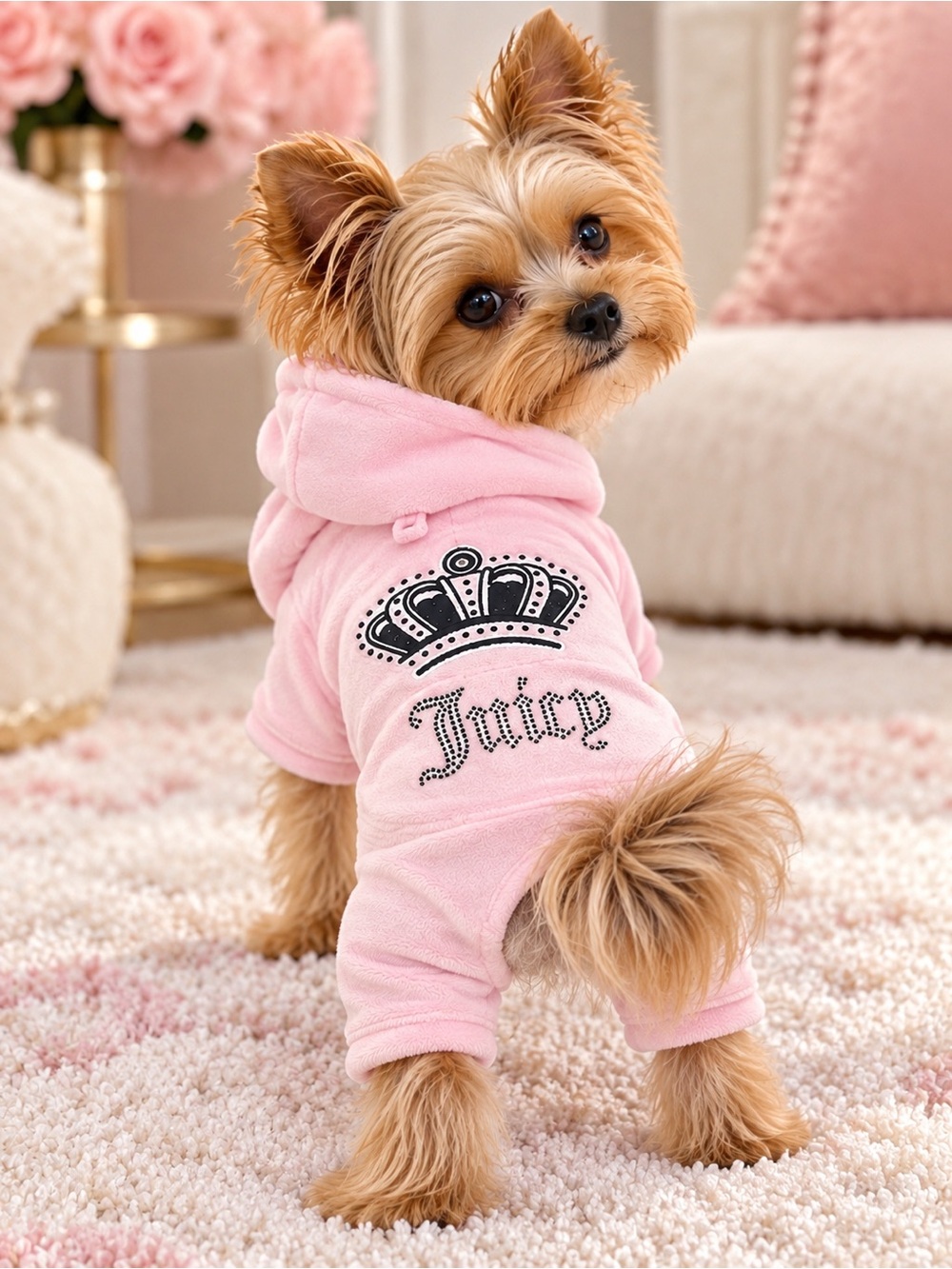 Juicy Couture Dog Tracksuit – Pink Velour Rhinestone Jumpsuit with Hood 🩷